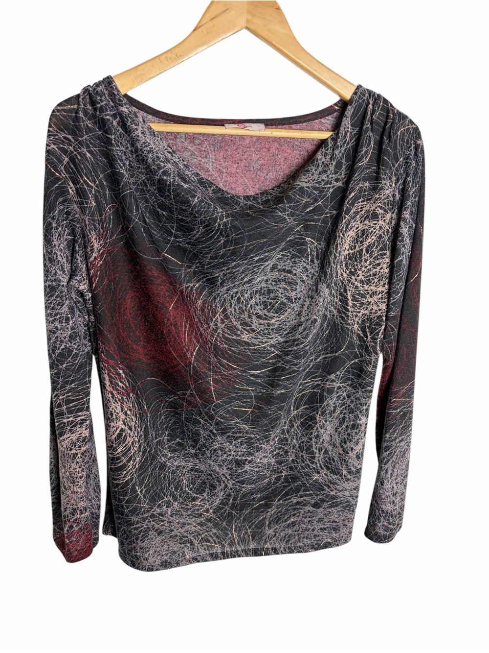 Y3k black, red & gold circular doodle cowl neck blouse size L